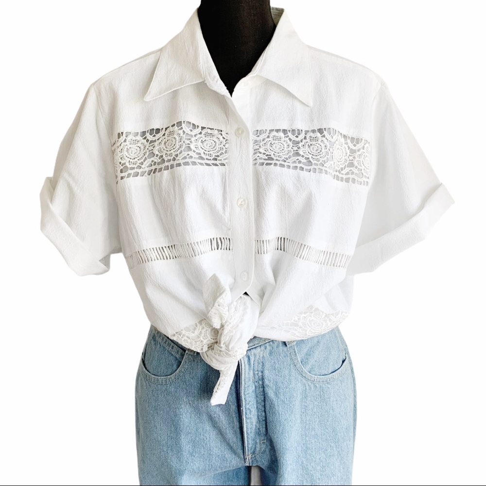 Vintage white lace cutout button down blouse